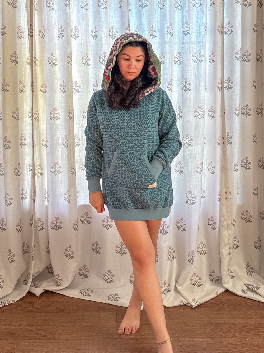Upcycled Floral Print Long Pullover Sweatshirt with Kantha Hood